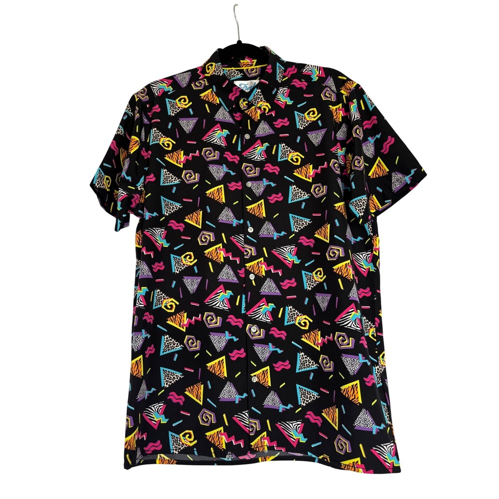 Fresh Prints of Bel-Air Mens Medium 90s Retro Geometric Neon Button Down Shirt